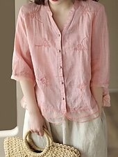cheap Shirts-Women&#039;s Shirt Solid Color Basic Casual 3/4 Length Sleeve Shirt Collar Regular Tops Daily Mesh Patchwork Buttons White Yellow Pink Purple Summer