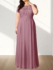 voordelige Vloerlengte-A-lijn Plus Size Curve Moeder van de Bruid Jurk Bruiloft Gast Elegant Crew Neck Vloerlengte Chiffon Kant Korte Mouw met Tailleband  Lint Beading Applicaties