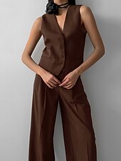 abordables Ensembles chemisiers pour femmes-Femmes Actif Chemisier Ensembles de Pantalons Sans manches Col en V Couleur Unie Dubbele Rij Knopen Date Week-end Marron Été Coupe régulière