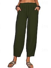 baratos Calça de linho de algodão simples-Mulheres Calças de linho de algodão Calças Roupa de rua Casual Comprimento total Natural Tecido Bolsos Cintura elástica Confortável Para Noite Final de semana Vinho Cinzento Preto Branco Verão Normal