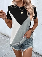 abordables T-shirt rayé et géométrique-Femmes Chemisier Géométrique Occasionnel Chaussures de plage Manche Courte Col ras du cou Hauts Réguliers Quotidien Imprimé Rose Claire Fuchsia Vert Gris Été Printemps