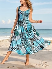 abordables Vestidos Boho-Mujer Vestido maxi Vestido de verano Vestido de una línea Vestido lencero Vestido plisado Vacaciones Casual Boho Playa Ajuste regular Graphic Cosecha Bohemio Sin Mangas Escote en U Camiseta con
