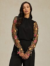 billiga Tunika Toppar-Dam Tunika Ensfärgat Nät Broderad Dagligen Elegant Ledigt Långärmad Rund hals Svart Vår Höst