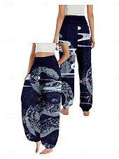 billiga Grafisk linnebyxa i bomull-Dam Linneinspirerade byxor Brett skaft Byxor Etnisk Stil Ledigt Boho Fullängd Hög midja Blommig Ficka Elastisk midja Tryck Mateial som andas Mjuk Microelastisk Utomhus Yoga Röd Blå Grön Sommar Normal