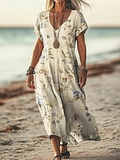 preiswerte Ausgefallene Kleider-Damen Langes Kleid Maxikleid Freizeitkleid Sommerkleid Boho-Kleid afrikanisch Urlaub Täglich Wochenende Normale Passform Blumen Kurzarm V Ausschnitt Hellgrün Purpur Grün Aprikose Sommer