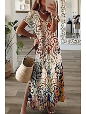 preiswerte Streifen- und geometrische Kleider-Damen Maxikleid Sommerkleid A Linie Kleid Urlaub Lässig Boho Ausgehen Strand Lässiger Schnitt Blumen Grafik Geometrisch Kurzarm V Ausschnitt Leicht Braun Blau Himmelblau Grau Sommer Frühling