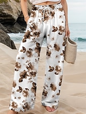 abordables jambe large et taille haute-Femmes Jambe large Chinos Pantalons Amples Vacances ancien Mode Longueur complète Taille haute Fleuri Graphique Cordon de serrage Impression Respirant Doux Micro-Élastique Vacances Rue Décontracté