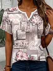 billige Boho t-skjorte-Dame T skjorte Blomstret Grafisk Geometri Stilfull Fritid Kortermet Hals med hakk Vanlige topper Daglig Helg Trykt mønster Dusty Rose Sommer Vår
