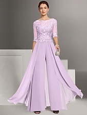 abordables Combinaisons pour maman-Combinaison deux pièces  tailleur mère de la mariée invitée de mariage église élégante petite décolleté bateau longueur sol chiffon manches mi-longues avec appliqués taille personnalisée gratuite