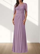 preiswerte Bodenlänge-A-Linie Brautmutterkleid Hochzeitsgast Elegant Rundhalsausschnitt Bodenlang Chiffon Ärmellos mit Applikationen Raffung 2025