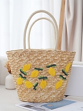 abordables Cabas et fourre-tout-Sac fourre-tout en paille brodé marguerite pour femme - sac fourre-tout de plage d&#039;été avec motif floral, cocotier, citron, style bohème décontracté, adapté aux vacances et à un usage quotidien