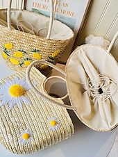 abordables Cabas et fourre-tout-Sac fourre-tout en paille brodé marguerite pour femme - sac fourre-tout de plage d&#039;été avec motif floral, cocotier, citron, style bohème décontracté, adapté aux vacances et à un usage quotidien