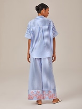 economico Set da due pezzi-Per donna Femminile Camicia button-down Camicia casual Albero A righe Casuale Corte Blu Ricamato Bottoni Manica Corta Elegante Vacanza Casual Colletto a Camicia Estate
