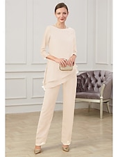 abordables Combinaisons pour maman-Combinaison  Tailleur Mère de la Mariée Élégant Col Bijou Longueur Sol Chiffon Manches Mi-Longues avec Ruching taille personnalisée gratuite