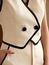 abordables Costumes-pantalons pour maman-tailleur-pantalon deux pièces en mélange de lin et de coton, couleur contrastée, pour mère de la mariée, élégant, simple, minimaliste, col en V, longueur au sol, sans manches, avec boutons, 2025