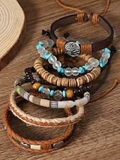cheap Women&#039;s Bracelet-Boho Leather and Bead Bracelet Set for Men and Women – Adjustable Friendship, Tree of Life Charm – Vintage Handmade Tribal Accessories for Casual Wear, Festivals and Daily Fashion