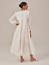 preiswerte Freizeitkleidung-Damen Lockeres Kleid Resort-Kleidung Weiß Langarm Solide / einfarbig Lang Frühling &amp; Herbst V Ausschnitt Strand Design Urlaub XS S M