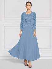 preiswerte Mit Jacke-Zweiteilig Kleid-Sets Brautmutterkleid Hochzeitsgast Kirche Elegant Rundhalsausschnitt Knöchellänge Chiffon Langarm mit Spitze Stickerei 2025