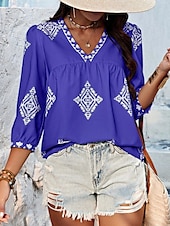 baratos Tops Boho Femininos-Mulheres Blusa Geométrica Boêmia Casual Manga 3/4 Manga Princesa Decote V Tops regulares Diário Imprimir Rosa Azul Marinha Roxo Verde Verão Primavera