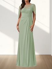 preiswerte Bodenlänge-A-Linie Brautmutterkleid Hochzeitsgast Elegant Rundhalsausschnitt Bodenlang Chiffon Ärmellos mit Applikationen Raffung 2025