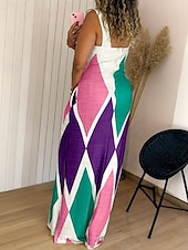 preiswerte Ausgefallene Kleider-Damen Langes Kleid Maxikleid Sommerkleid Unterkleid Druckkleid Elegant Täglich Ausgehen Sommerkleid Normale Passform Geometrisch Farbblock Ärmellos Quadrathals Gelb Leicht Braun Purpur Braun Sommer