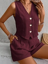 cheap Women&#039;s Blouse Suits-Women&#039;s Active Blouse Vest Shorts Sets Sleeveless V Neck Solid Color Dubbele Rij Knopen Holiday Casual Daily Black Wine Army Green Summer Regular Fit