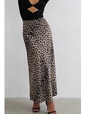 ieftine Fuste grafice-Pentru femei Fustă Casual Maxi Talie Medie Fuste Leopard Imprimeu Micro-elastic Vacanță Stradă Alb Maro Bej Vară Mătase ca satinul
