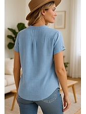 voordelige Overhemden-Dames Knoop omhoog Katoenen linnen overhemd Effen Stijlvol Modern Korte mouw V-hals Normale tops Dagelijks Feestdagen Knop Rood blauw Zomer