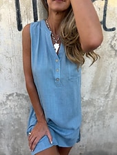 preiswerte Einfaches Kleid-Damen Mini Kleid Sommer Kleid Unifarben Lässig Täglich Reguläre Passform Grafik Ärmellos V-Ausschnitt Schwarz Blau Beige Grau Sommer