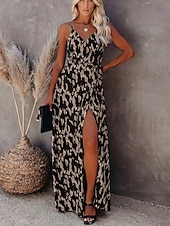 preiswerte Streifen- und geometrische Kleider-Damen Maxikleid A Linie Kleid Unterkleid Urlaub Lässig Boho Outdoor Ausgehen Strand Standard Passform Grafik Geometrisch Ärmellos Spaghettiträger Weiß Leicht Braun Blau Grau Sommer