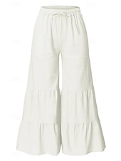 abordables Pantalón liso de lino y algodón-Mujer Pantalones de lino y algodón pantalones Moda Ropa de calle Longitud total Cintura Media Plano Diseño de cordón elástico Confortable Cómodo Noche Fin de semana Blanco Verano Ajuste regular