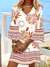 ieftine Rochii florale-Pentru femei Rochie Mini Rochie de Vară Rochie A line Vacanță Casual Boho Plajă Fit regulat Floral Grafic Lungime Manșon 3/4 În V Portocaliu Vară Primăvară
