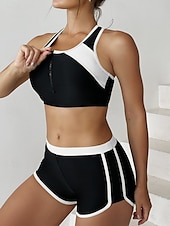 billiga Bikiniset-Kvinnors badkläder tankini 2 delar shorts baddräkt rygglös mage kontroll hög midja smal semester strandkläder färgblock U-hals ärmlös baddräkt