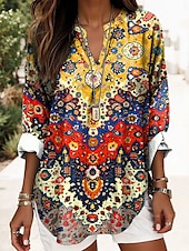 billiga Kvinnors Boho-toppar-Kvinnors Boho Blus Grafik Geometrisk Elegant Daglig Lång Ärmar V-Hals Regular Toppar Dagligt Tryck Svart Gul Röd Blå Guld Sommar Vår