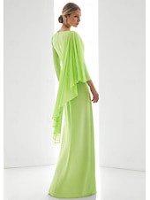 billige GRØNN-Grønn Chiffon A-Line Kveldsdrakt Elegant Bryllupsgjestekjole Formell Gulvlengde Langermet V-Hals med Splitt