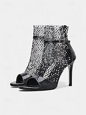 billige Nattelivfest-stilettsandaler i netting for kvinner – glitter høye hæler med åpen tå og ankelglidelås for natteliv, cocktailfester og glam-looks om kvelden