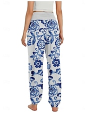billiga Grafisk linnebyxa i bomull-Dam Linneinspirerade byxor Brett skaft Byxor Etnisk Stil Ledigt Boho Fullängd Hög midja Blommig Ficka Elastisk midja Tryck Mateial som andas Mjuk Microelastisk Utomhus Yoga Svart Rosa Marinblå Blå
