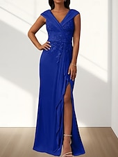 baratos Comprimento do chão-Vestido Mãe da Noiva Sereia  Trompete Convidada de Casamento Elegante Decote em V Comprimento de Chão Chiffon Sem Mangas com Rendas e Apliques Fenda Frontal