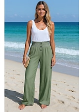 economico Pantaloni in lino e cotone semplici-Per donna Gamba larga Pantaloni in cotone e lino Comfort Lunghezza intera Vita Alta Semplice Tasca Fascia Elastica Comodo All&#039;aperto Confortevole Abbigliamento quotidiano Nero Bianco Vino Verde Estate