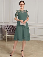 abordables Longueur du thé-Robe mère de la mariée A-Line élégante formelle à col bijou longueur thé en chiffon à courte manche avec dentelle taille sur mesure gratuite