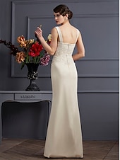 abordables Ensembles de robes pour maman-Robe fourreau mère de la mariée invitée de mariage élégante grande taille encolure droite longueur au sol en chiffon satin dentelle sans manches robes à courte veste avec ceinture  appliques en ruban