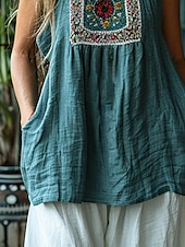 ieftine Topuri Boho-Pentru femei Bluză occidentală Cămașă Boho Bluză Floare De Bază Casual Fără manșon Stil Nautic Topuri obișnuite Zilnic Concediu Imprimeu Albastru piscină Vară
