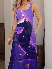 economico Animali Vestiti-Unicorn Nebula di Vincent Hie, abito lungo da donna, abito a trapezio, abito estivo, abito con spalle scoperte, vacanza, casual, festa, appuntamento, vestibilità regolare, grafico, animali, senza