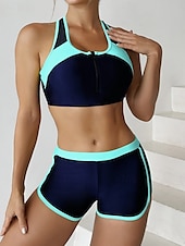 billiga Bikiniset-Kvinnors badkläder tankini 2 delar shorts baddräkt rygglös mage kontroll hög midja smal semester strandkläder färgblock U-hals ärmlös baddräkt
