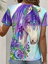 economico Maglietta Animali-T-shirt da donna &quot;Zingara Violet Horse&quot; di Sheena Pike, grafica floreale, stile vintage, casual, elegante, manica corta, scollo a V, top normali, stampa quotidiana, celeste, estate.