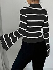 abordables T-shirt de boutique graphique-Femmes T-shirt Rayé Mode Moderne manche longue Col haut Hauts Réguliers Quotidien Sortir Noir Blanche Été Printemps