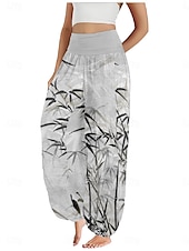 billiga Grafisk linnebyxa i bomull-Dam Linneinspirerade byxor Brett skaft Byxor Etnisk Stil Ledigt Boho Fullängd Hög midja Blommig Ficka Elastisk midja Tryck Mateial som andas Mjuk Microelastisk Utomhus Yoga Flodblå Blå Grön Beige