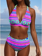 abordables Ensemble de bikinis-Bikini 2 pièces pour femmes maillot de bain sexy rétro à enfiler graphique géométrique fil en V maillots de bain sans manches