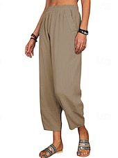 baratos Calça de linho de algodão simples-Mulheres Calças de linho de algodão Calças Roupa de rua Casual Comprimento total Natural Tecido Bolsos Cintura elástica Confortável Para Noite Final de semana Vinho Cinzento Preto Branco Verão Normal