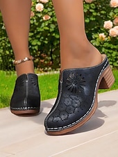 abordables Sabots et mules femme-Chaussures mules à talon carré perforé pour femme – style rétro chic pour les garden-parties, les promenades décontractées et les loisirs en plein air